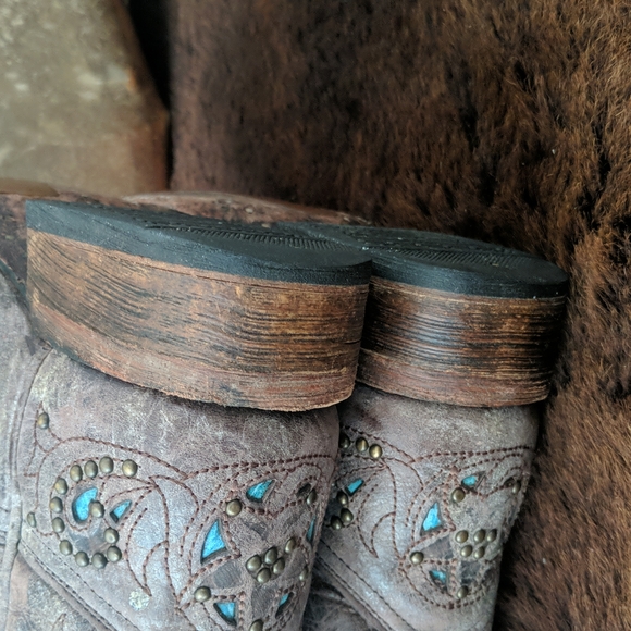 CORRAL A1149 brown studded leather cowgirl western boots turquoise inlay sz 7 - Picture 15 of 16